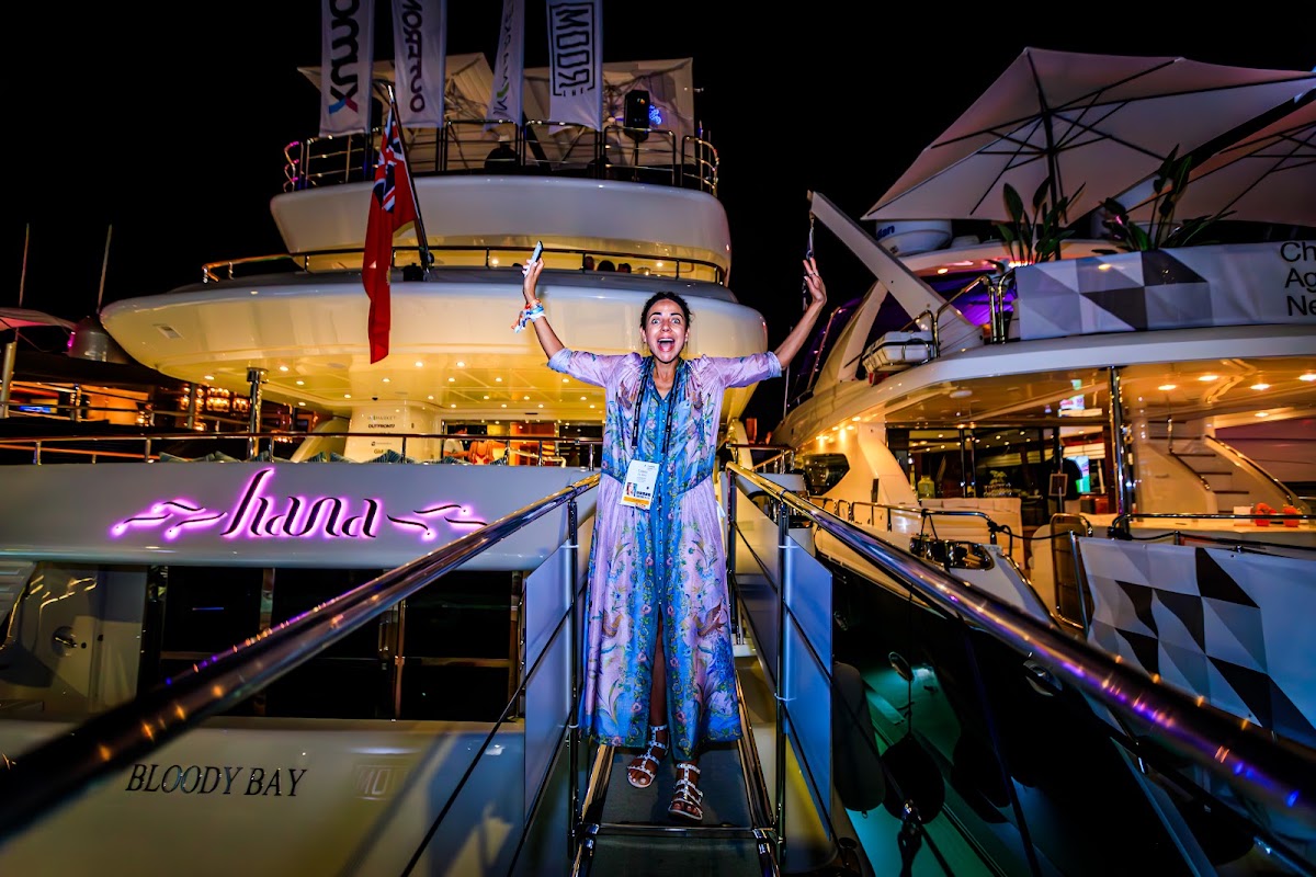 Guest arriving at the Yacht Hana gangway for the OUTFRONT private evening at Cannes Lions 2026