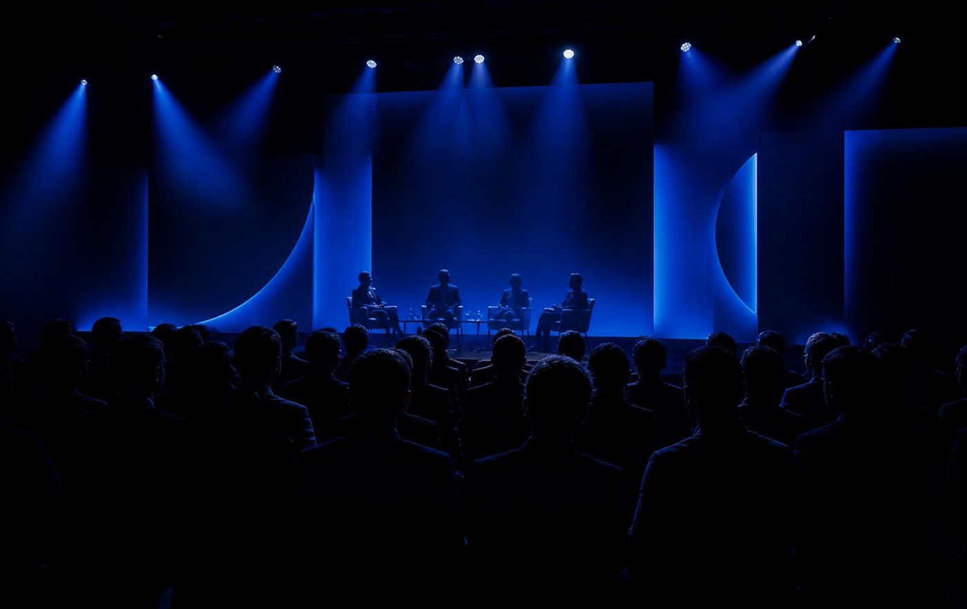Executive summit stage under blue lighting with a seated audience in silhouette